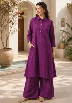 Fashion petals violet cotton schiffli work embroidery  kurta set 5