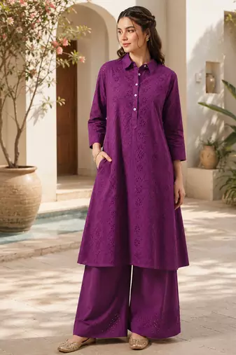 Fashion petals violet cotton schiffli work embroidery  kurta set