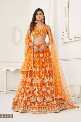 Orange Net Embroidered & Thread Work Semi Stitched Lehenga Choli 1