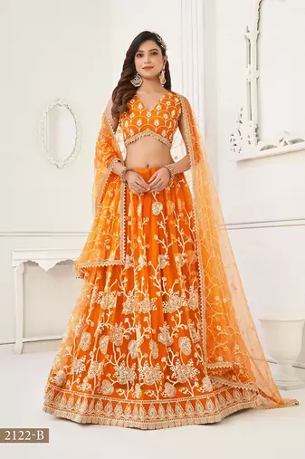 Orange Net Embroidered & Thread Work Semi Stitched Lehenga Choli