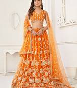 Orange Net Embroidered & Thread Work Semi Stitched Lehenga Choli