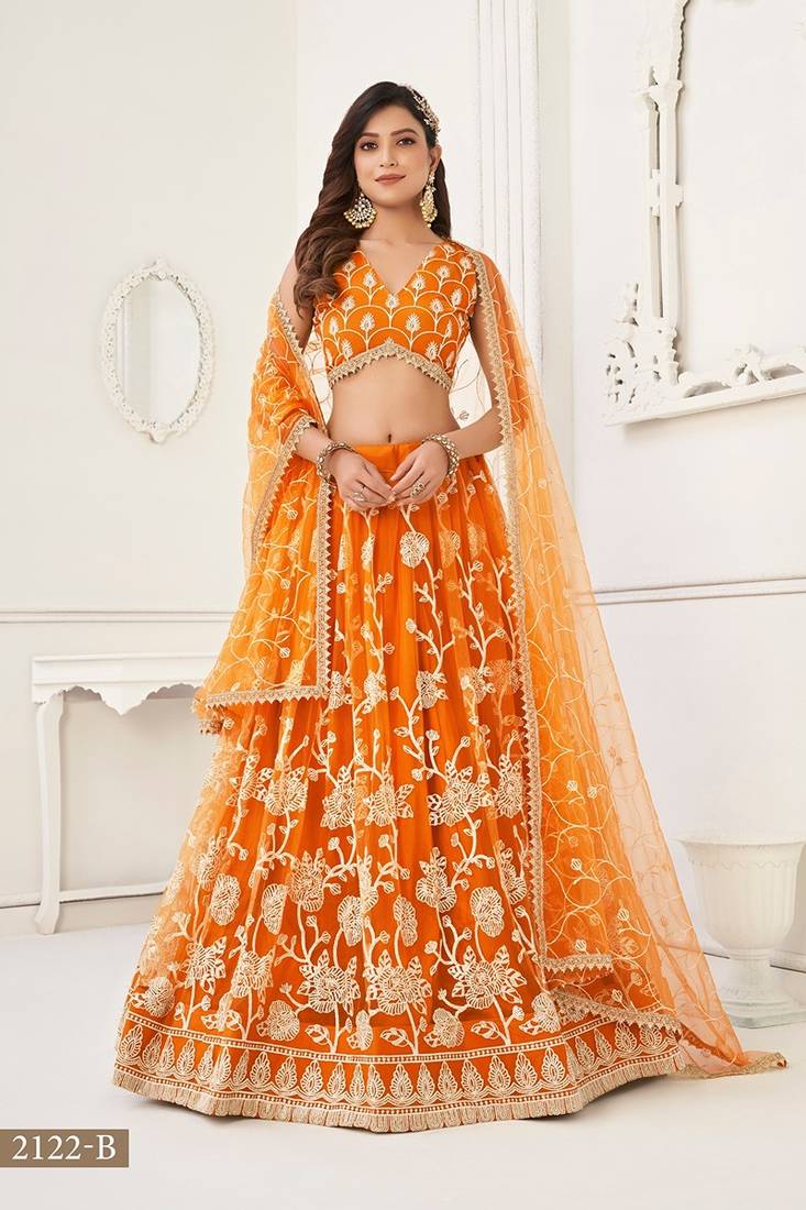 Orange Net Embroidered & Thread Work Semi Stitched Lehenga Choli