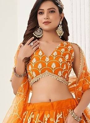 Orange Net Embroidered & Thread Work Semi Stitched Lehenga Choli 2
