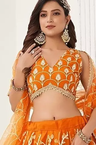 Orange Net Embroidered & Thread Work Semi Stitched Lehenga Choli