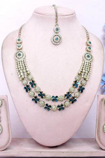 Blue yellow gold premium designer american diamond and stone work necklace set