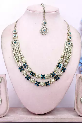 Blue yellow gold premium designer american diamond and stone work necklace set
