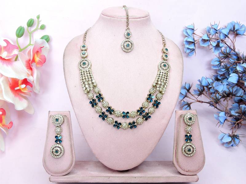 Blue yellow gold premium designer american diamond and stone work necklace set