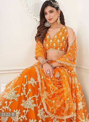Orange Net Embroidered & Thread Work Semi Stitched Lehenga Choli 3
