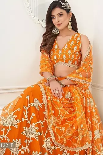 Orange Net Embroidered & Thread Work Semi Stitched Lehenga Choli