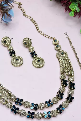 Blue yellow gold premium designer american diamond and stone work necklace set