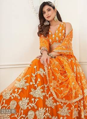Orange Net Embroidered & Thread Work Semi Stitched Lehenga Choli 4