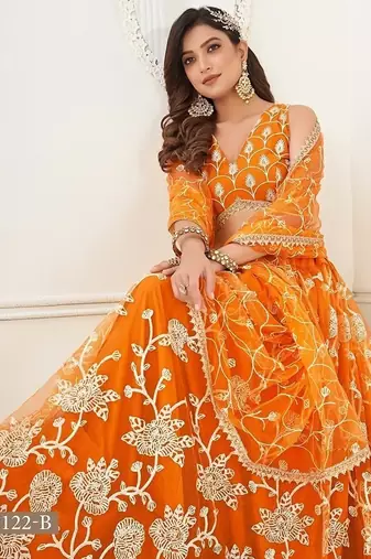 Orange Net Embroidered & Thread Work Semi Stitched Lehenga Choli