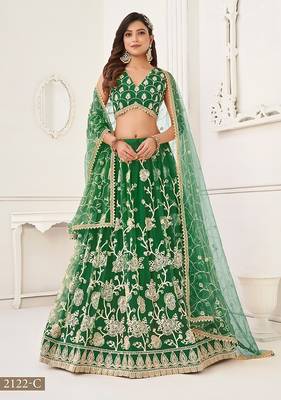Green Net Embroidered & Thread Work Semi Stitched Lehenga Choli 1