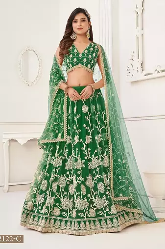 Green Net Embroidered & Thread Work Semi Stitched Lehenga Choli