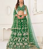 Green Net Embroidered & Thread Work Semi Stitched Lehenga Choli