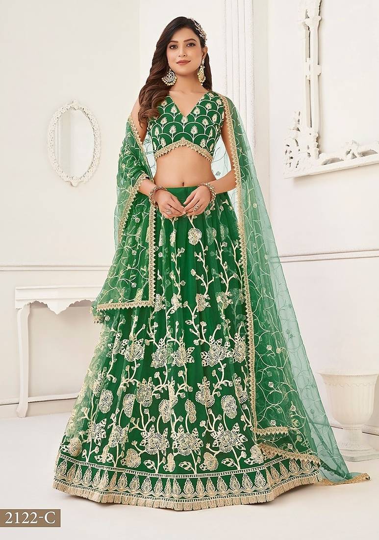 Green Net Embroidered & Thread Work Semi Stitched Lehenga Choli