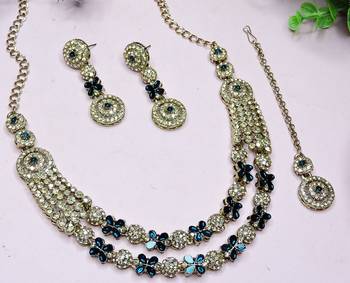 Blue yellow gold premium designer american diamond and stone work necklace set 3