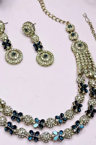 Blue yellow gold premium designer american diamond and stone work necklace set