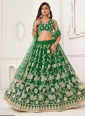 Green Net Embroidered & Thread Work Semi Stitched Lehenga Choli 2