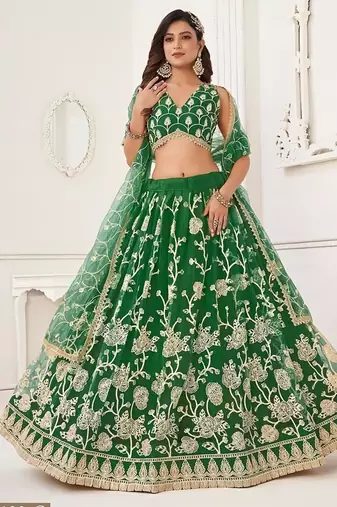 Green Net Embroidered & Thread Work Semi Stitched Lehenga Choli