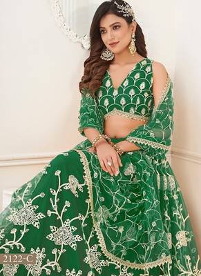 Green Net Embroidered & Thread Work Semi Stitched Lehenga Choli 3