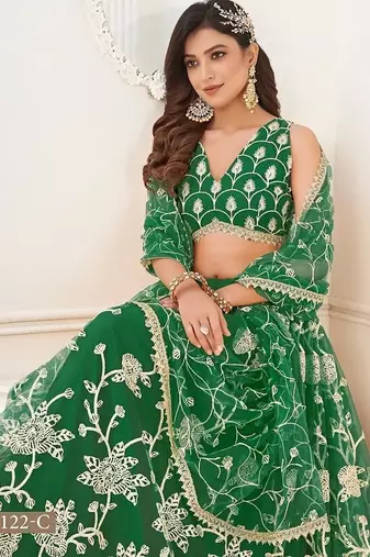 Green Net Embroidered & Thread Work Semi Stitched Lehenga Choli