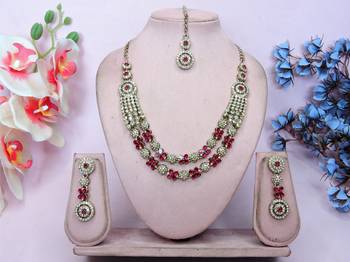 Pink yellow gold premium designer american diamond and stone work necklace set 1