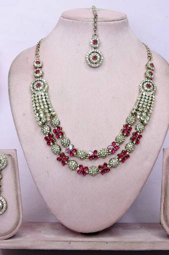 Pink yellow gold premium designer american diamond and stone work necklace set
