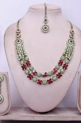 Pink yellow gold premium designer american diamond and stone work necklace set