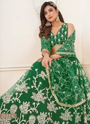 Green Net Embroidered & Thread Work Semi Stitched Lehenga Choli 4