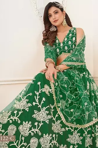 Green Net Embroidered & Thread Work Semi Stitched Lehenga Choli