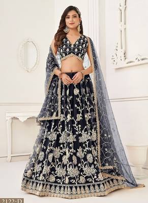 Black Net Embroidered & Thread Work Semi Stitched Lehenga Choli 1