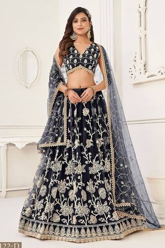 Black Net Embroidered & Thread Work Semi Stitched Lehenga Choli