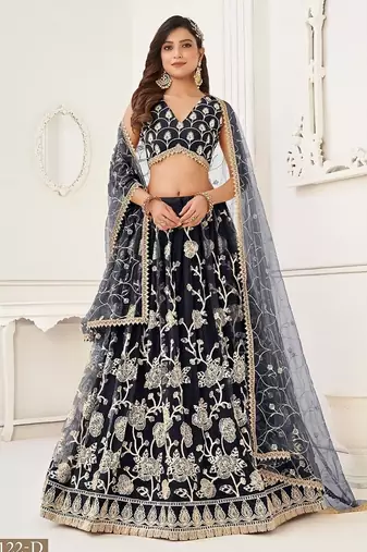 Black Net Embroidered & Thread Work Semi Stitched Lehenga Choli