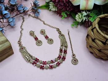 Pink yellow gold premium designer american diamond and stone work necklace set 2