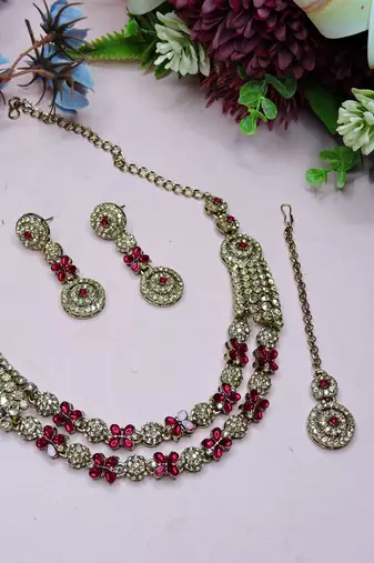 Pink yellow gold premium designer american diamond and stone work necklace set