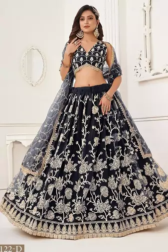 Black Net Embroidered & Thread Work Semi Stitched Lehenga Choli