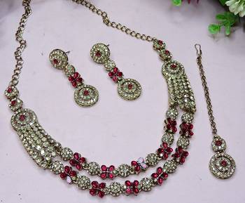 Pink yellow gold premium designer american diamond and stone work necklace set 3