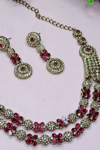 Pink yellow gold premium designer american diamond and stone work necklace set