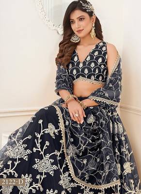 Black Net Embroidered & Thread Work Semi Stitched Lehenga Choli 3