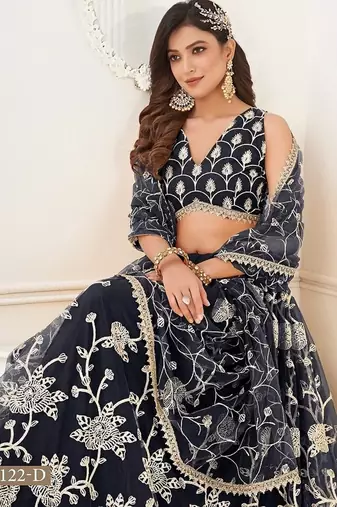 Black Net Embroidered & Thread Work Semi Stitched Lehenga Choli