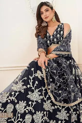 Black Net Embroidered & Thread Work Semi Stitched Lehenga Choli