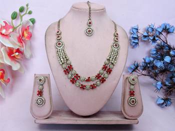 Red yellow gold premium designer american diamond and stone work necklace set 1