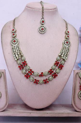 Red yellow gold premium designer american diamond and stone work necklace set