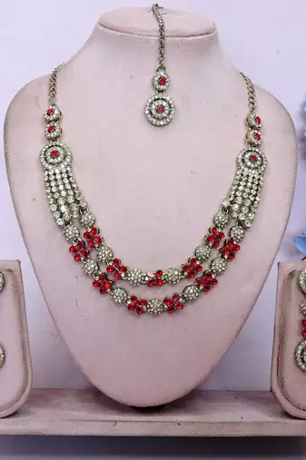 Red yellow gold premium designer american diamond and stone work necklace set