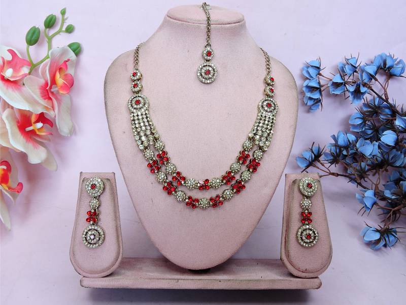 Red yellow gold premium designer american diamond and stone work necklace set