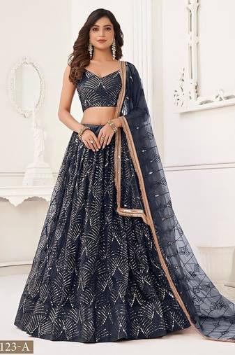 Black Net Embroidered & Thread Work Semi Stitched Lehenga Choli