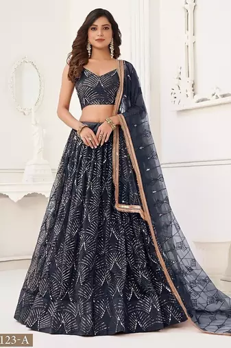 Black Net Embroidered & Thread Work Semi Stitched Lehenga Choli