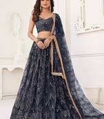 Black Net Embroidered & Thread Work Semi Stitched Lehenga Choli