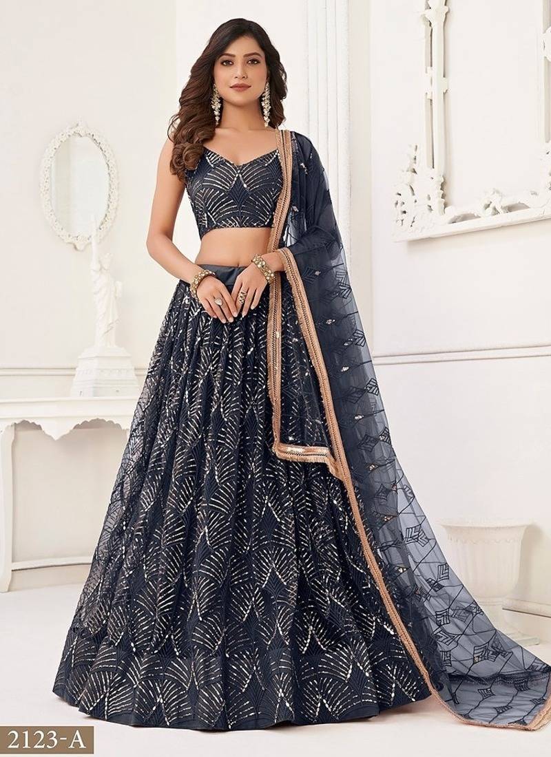 Black Net Embroidered & Thread Work Semi Stitched Lehenga Choli